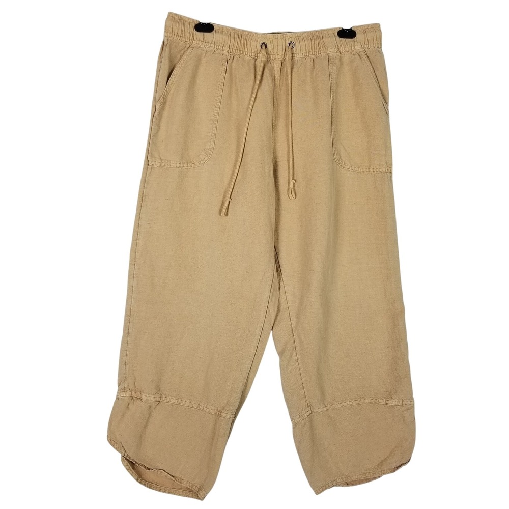 C&C California Cropped Pants Women XL Tan Linen Blend Wide Leg Tulip Hem